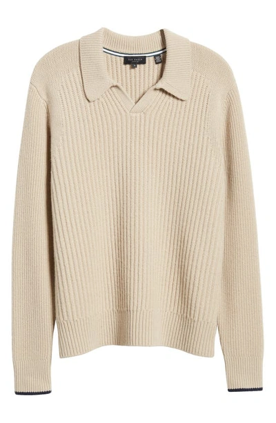 Shop Ted Baker Ademy Ribbed Wool Polo Sweater In Taupe