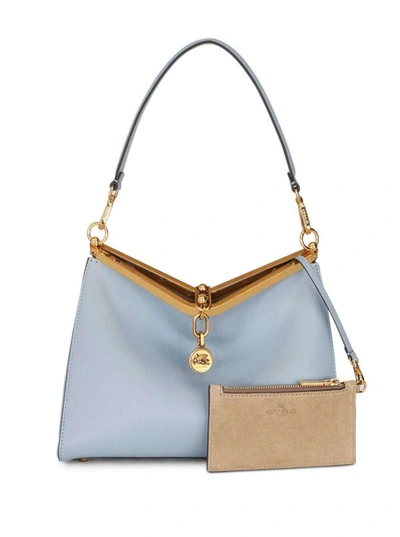 Shop Etro 'medium Vela' Light Blue Shoulder Bag With Logo And Pegasus Charm In Leather Woman