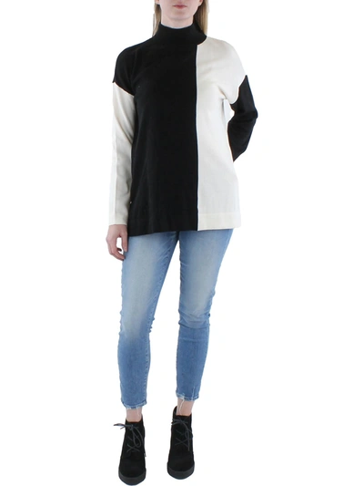Shop Anne Klein Womens Colorblock Mock Neck Pullover Sweater In Black