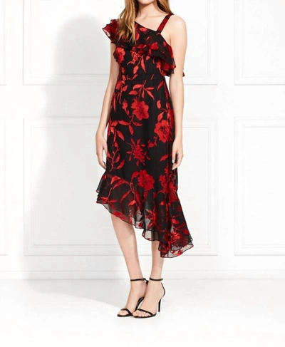 Shop Rachel Zoe Antonia Satin Flower Burnout Dress In Black/red In Multi