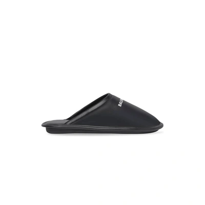 Shop Balenciaga Logo-print Leather Slippers In Black