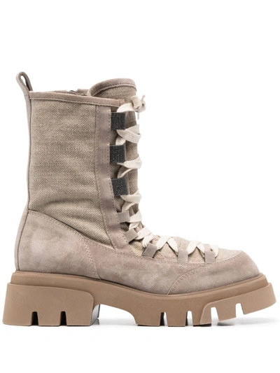 Brunello Cucinelli Suede And Canvas Boots With Precious Eyelets In Beige