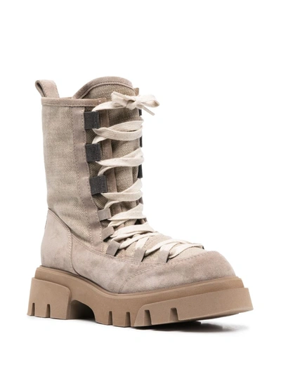 Brunello Cucinelli Suede And Canvas Boots With Precious Eyelets In Beige