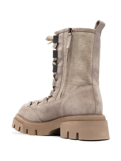 Brunello Cucinelli Suede And Canvas Boots With Precious Eyelets In Beige