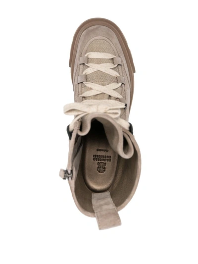 Brunello Cucinelli Suede And Canvas Boots With Precious Eyelets In Beige