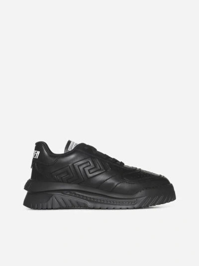 Shop Versace Odissea Greca Leather Sneakers In Black