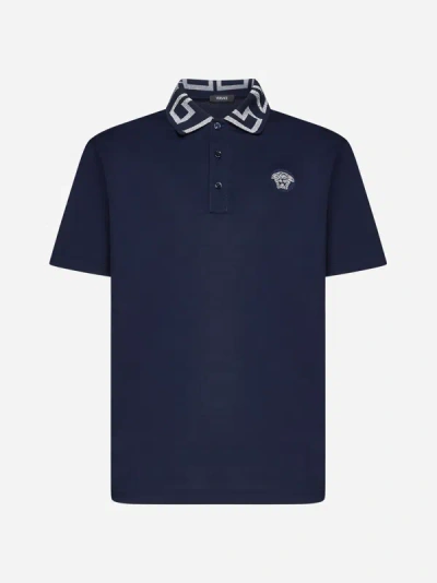 Shop Versace Medusa And Greca Cotton Polo Shirt In Navy Blue
