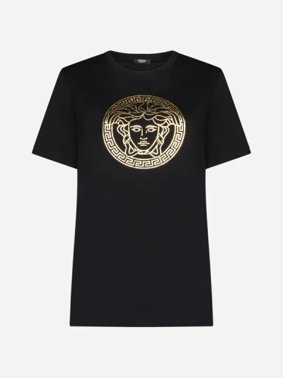 Shop Versace Medusa Logo Cotton T-shirt In Black,gold