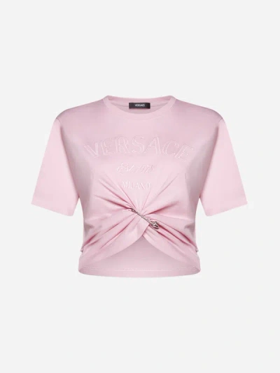 Shop Versace Logo And Safety Pin Cotton T-shirt In Pale Pink
