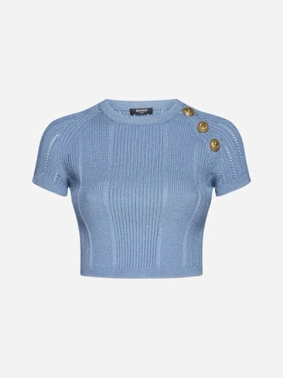 Shop Balmain Button-detail Knit Cropped Top In Pale Blue
