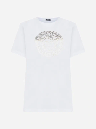 Shop Versace Medusa Logo Cotton T-shirt In White,gold