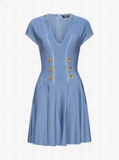 Shop Balmain Buttoned Knit Skater Mini Dress In Pale Blue