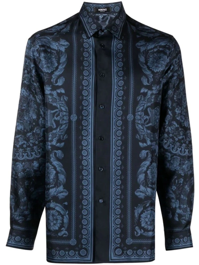 Shop Versace Informal Shirt Baroque Print Silk Twill Fabric Clothing In Blue