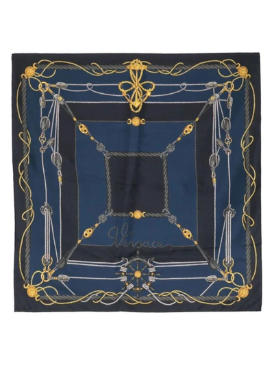 Shop Versace Scarf 90x90 Baroque Block Print Printed Silk Twill Accessories In Blue