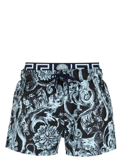 Shop Versace Swim Shorts Nylon Gulf Baroque Mint Clothing In Blue