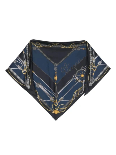 Shop Versace Triangle Foulard 130x60 Side 90 Nautical Print Bio Silk Twill Accessory Accessories In Blue