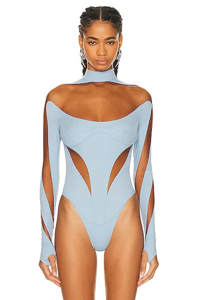 Mugler Illusion Cut Bodysuit In Light Blue & Nude 02