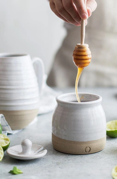 Farmhouse Pottery Beehive Honey Pot & Wooden Dipper In White