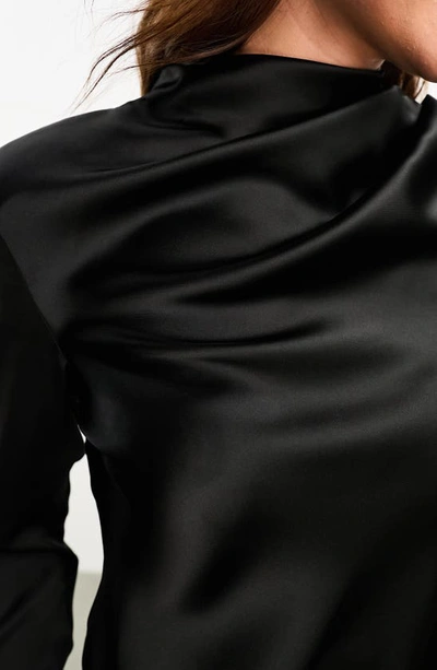 Shop Asos Design Shoulder Pad Long Sleeve Stretch Satin Top In Black