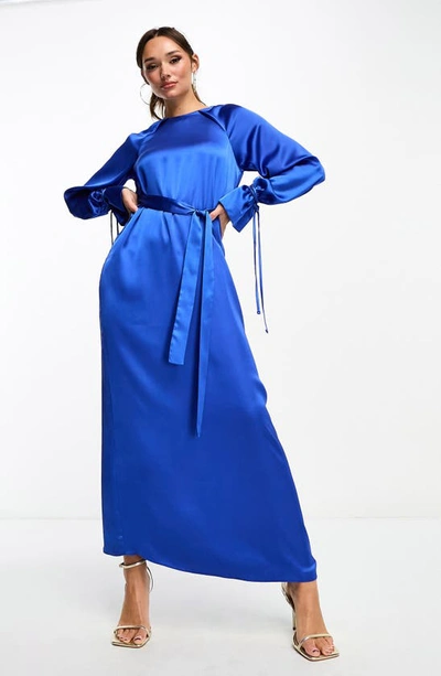Shop Asos Design Belted Long Sleeve Satin Maxi Dress In Mid Blue