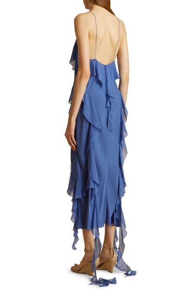 Shop Khaite The Pim Ruffle Silk Charmeuse Dress In Blue Iris