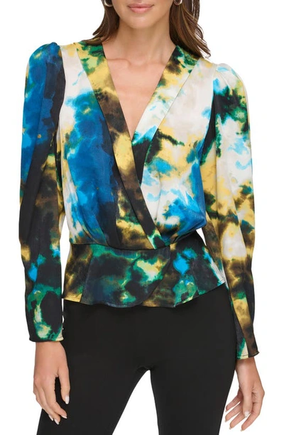 Shop Dkny Print Peplum Satin Top In Limonata/ Black Multi