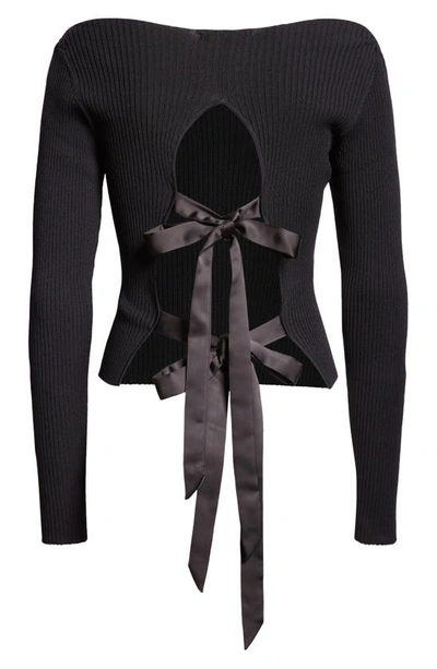 Shop Sandy Liang Times Satin Ribbon Cutout Rib Sweater In Black