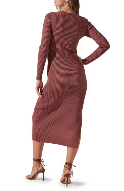 Shop Astr Cutout Long Sleeve Ribbed Midi Sweater Dress In Rosewood