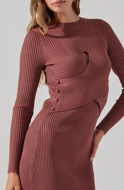Shop Astr Cutout Long Sleeve Ribbed Midi Sweater Dress In Rosewood