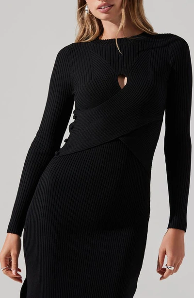 Shop Astr Cutout Long Sleeve Ribbed Midi Sweater Dress In Black