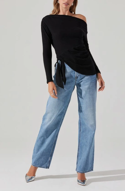 Astr One-shoulder Tie Hem Knit Top In Black