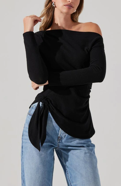Astr One-shoulder Tie Hem Knit Top In Black