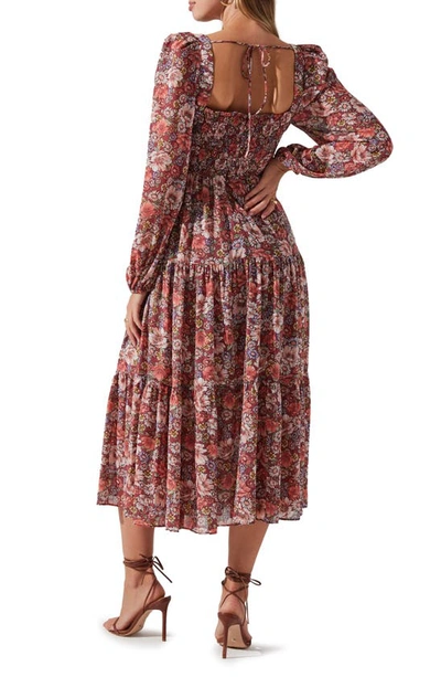 Shop Astr Floral Pleated Long Sleeve Midi Dress In Rust Multi Floral