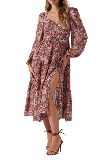 Astr Floral Pleated Long Sleeve Midi Dress In Rust Multi Floral