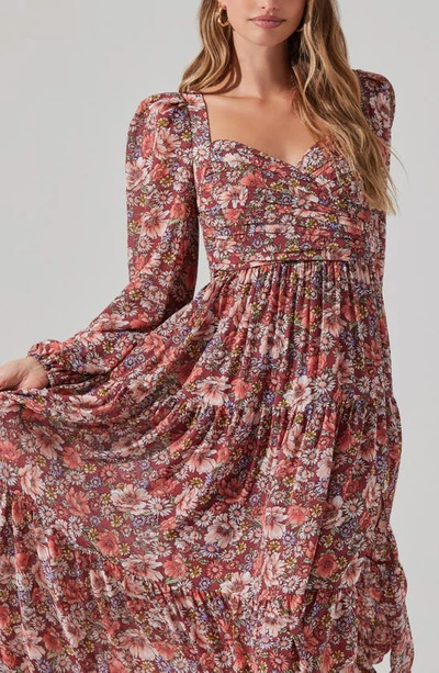 Astr Floral Pleated Long Sleeve Midi Dress In Rust Multi Floral