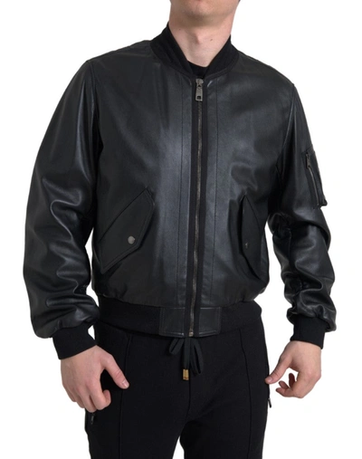 Shop Dolce & Gabbana Black Leather Blouson Full Zip Bomber Jacket