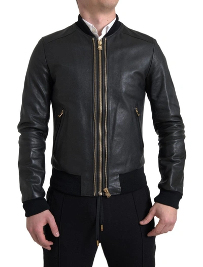 Shop Dolce & Gabbana Black Leather Blouson Full Zip Bomber Jacket