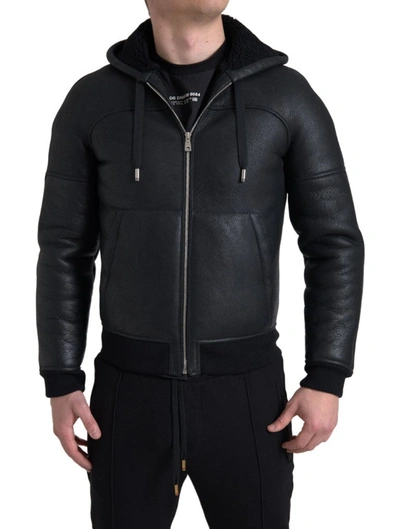 Shop Dolce & Gabbana Black Leather Full Zip Hooded Men Jacket