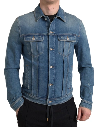 Shop Dolce & Gabbana Blue Washed Cotton Stretch Denim Men Jacket