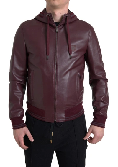 Shop Dolce & Gabbana Bordeaux Leather Hooded Full Zip Men Jacket