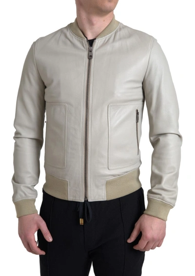 Shop Dolce & Gabbana Cream Leather Bomber Blouson Full Zip Jacket