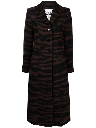 Shop Ganni Wool Jacquard Fitted Coat In Black