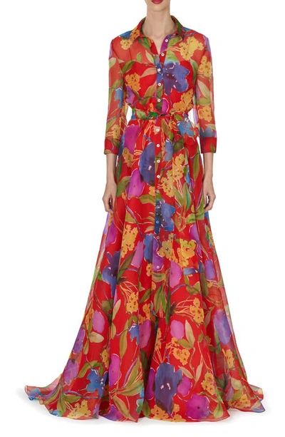 Shop Carolina Herrera Floral Print Silk Chiffon Trench Gown In Lacquer Red Multi