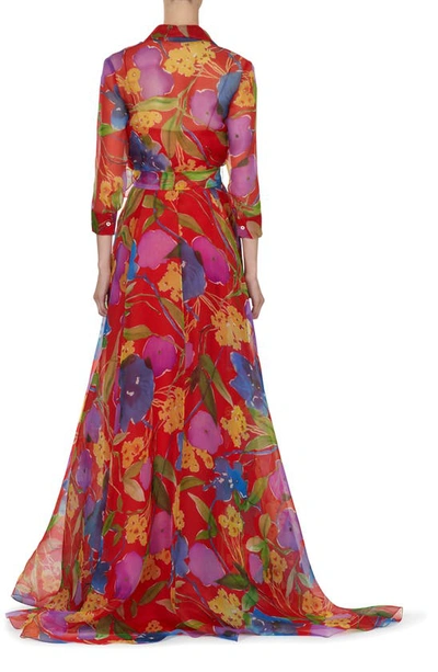 Shop Carolina Herrera Floral Print Silk Chiffon Trench Gown In Lacquer Red Multi