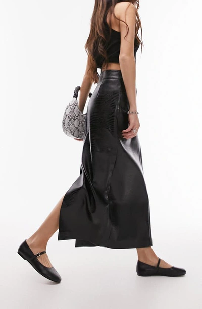 Shop Topshop Croc Embossed Faux Leather Midi Skirt In Black