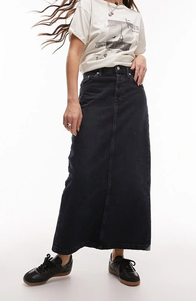 Shop Topshop Denim Midi Skirt In Navy