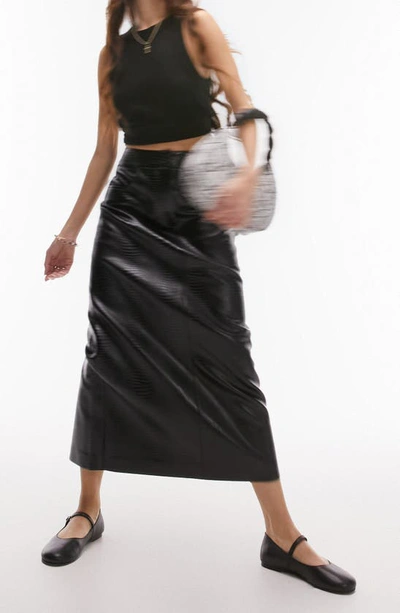 Shop Topshop Croc Embossed Faux Leather Midi Skirt In Black