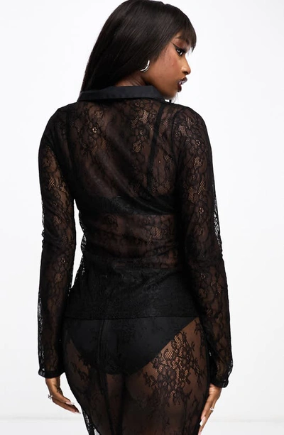 Shop Asos Design Ruched Long Sleeve Sheer Lace Shirt In Black