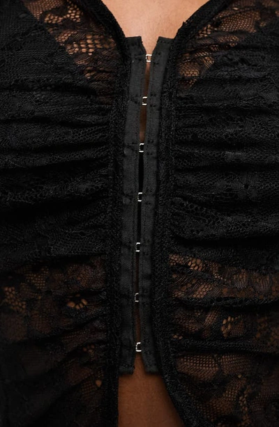 Shop Asos Design Ruched Long Sleeve Sheer Lace Shirt In Black