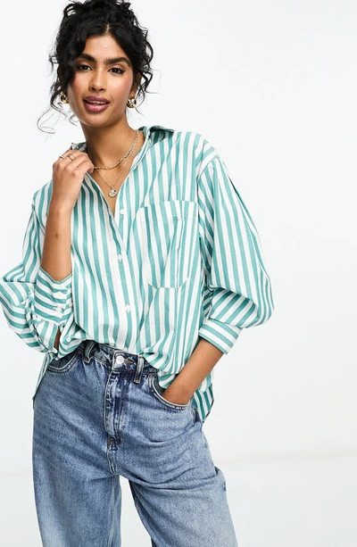 Shop Asos Design Stripe Oxford Button-up Shirt In Green Multi